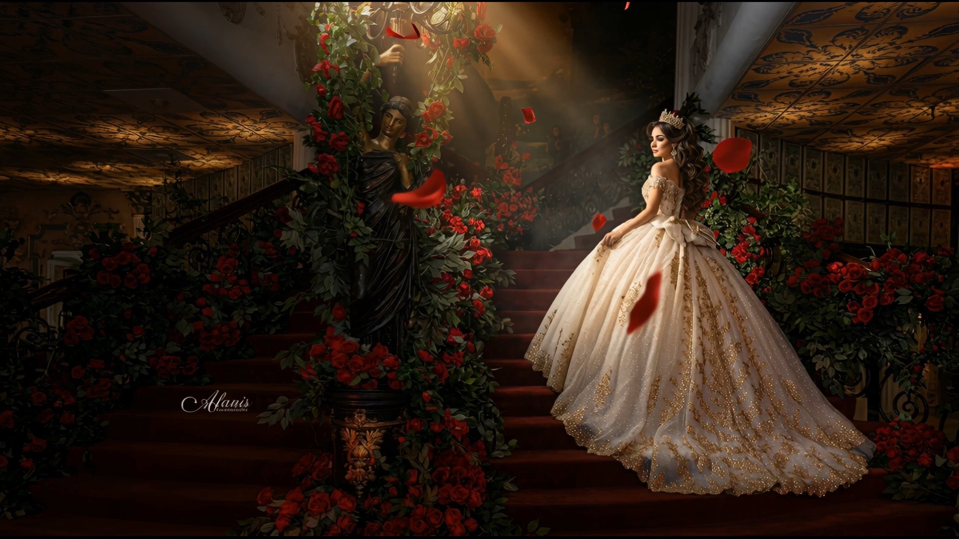 Quinceañera in a white and gold gown on a grand rose-lined staircase