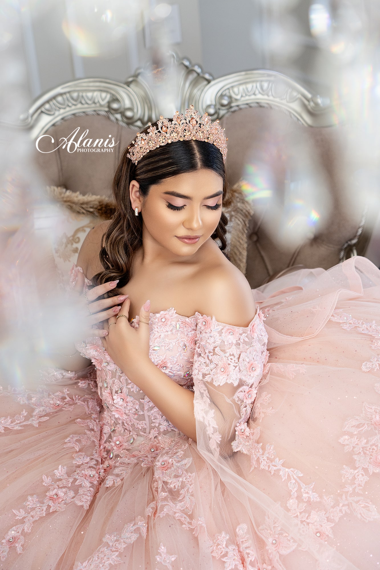 Close-up quinceañera portrait in a blush gown