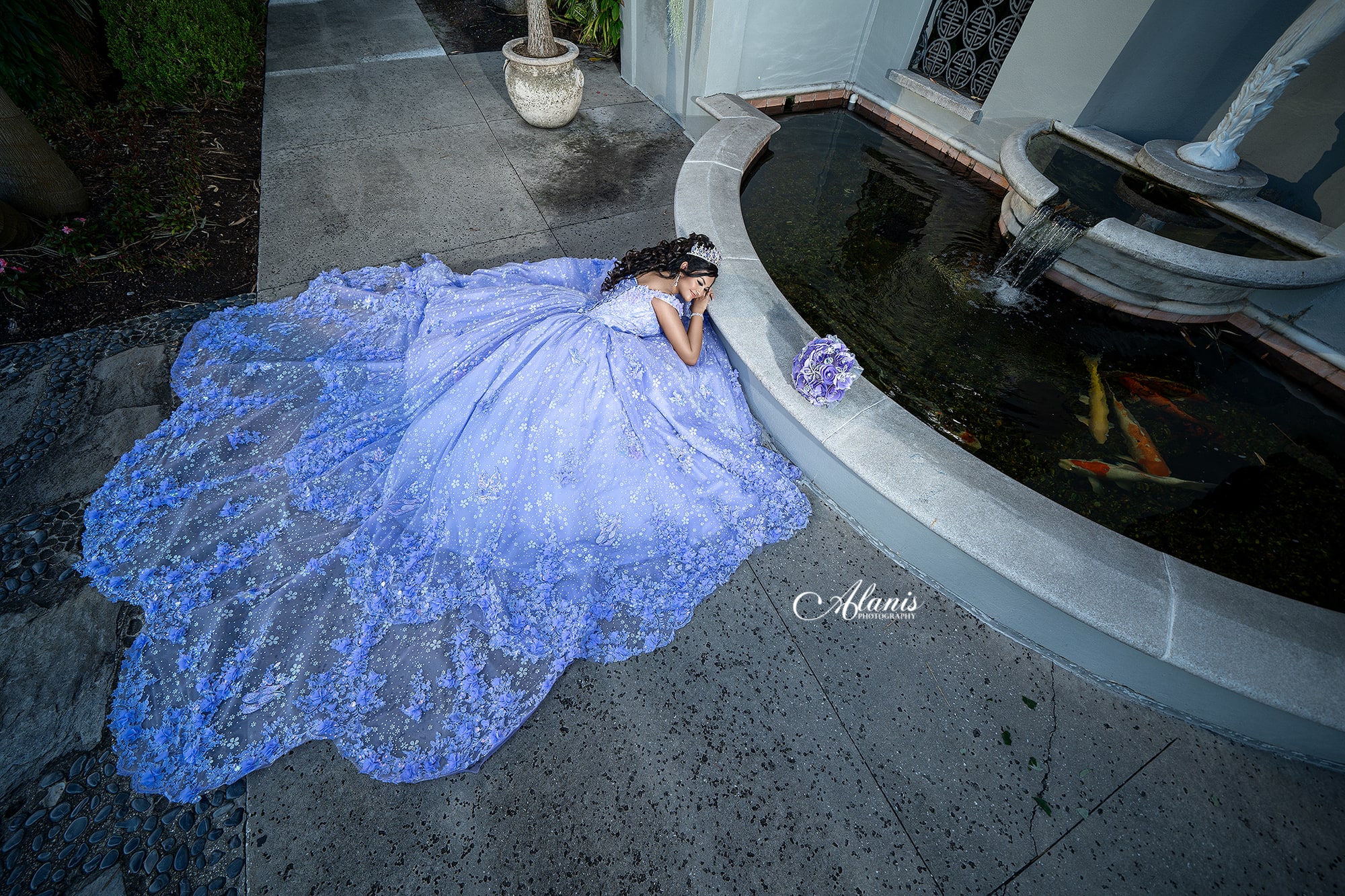 Royal blue quinceañera gown photographed from above