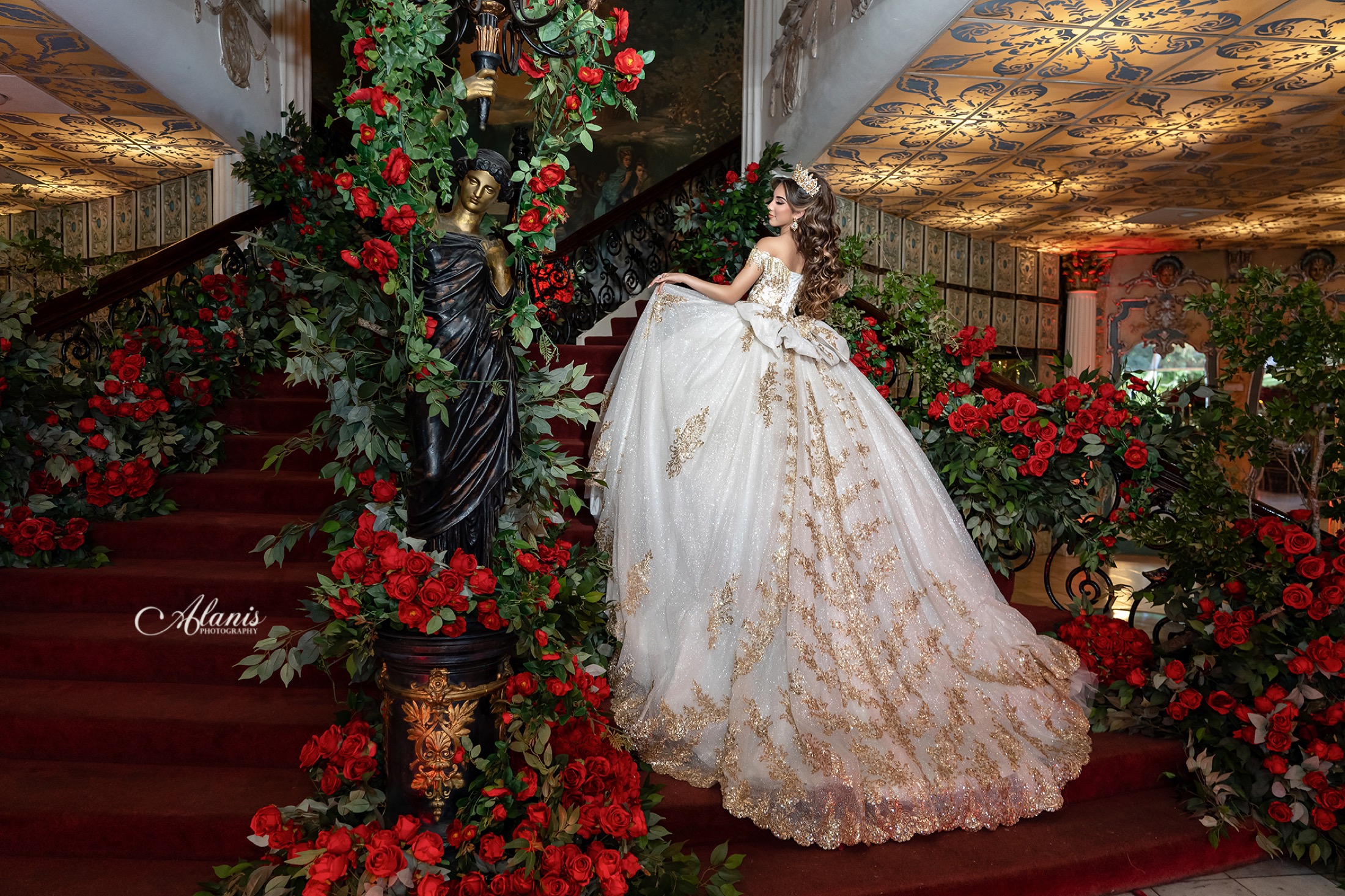 Quinceañera in an ornate interior