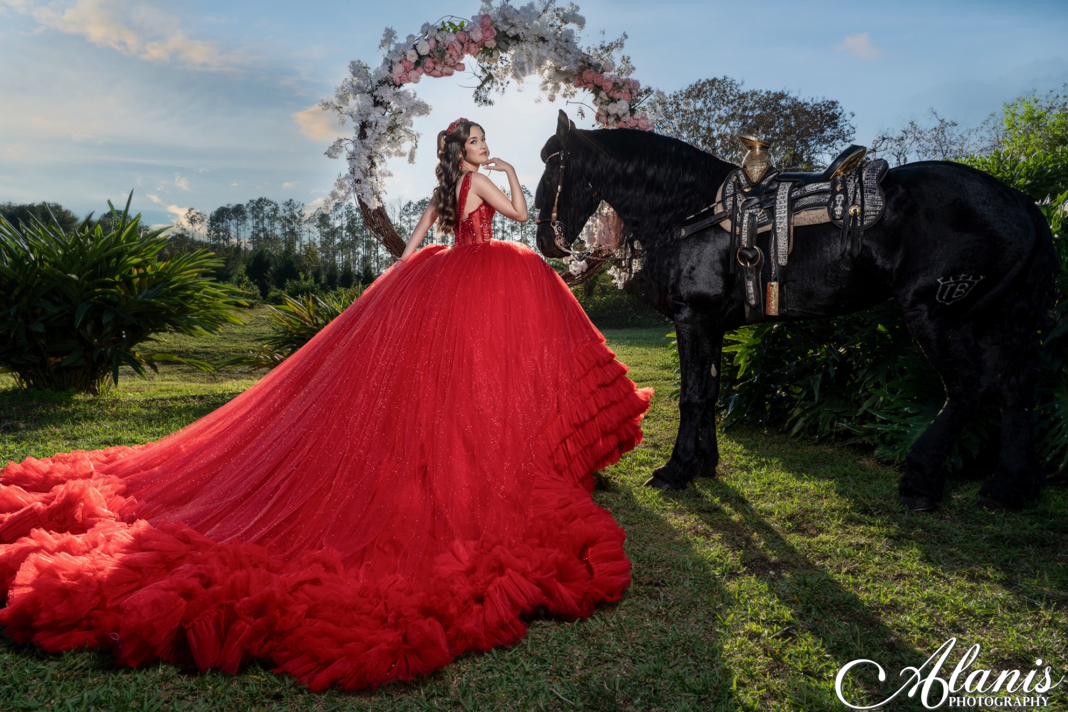 Red gown portrait in the countryside