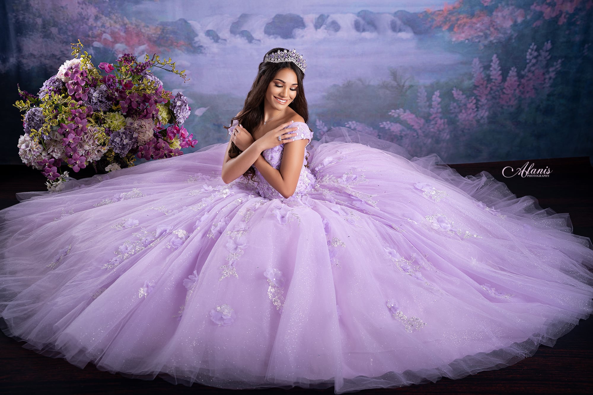 Lavender quinceañera gown arranged in a studio portrait